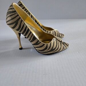 Delicious Zebra Print Glitter Peep Toe Heels Stiletto‎ Gold Metal Heel Size 7
